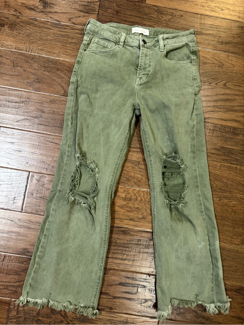 Olive Green Distressed Flare Jeans - Women's